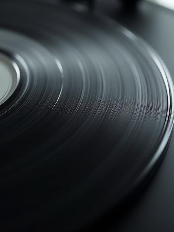 Close-up view of a vinyl record surface with visible grooves. The image fills the frame with no empty space, showing high detail and even lighting throughout.