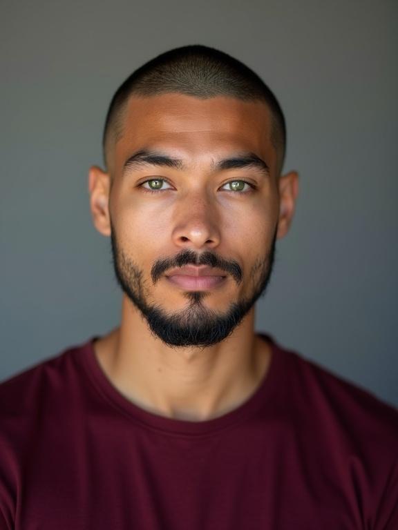 Studio portrait photograph captures young man with bright green eyes. He has a shaved beard and closely shaved head. Wearing deep burgundy colored t-shirt complementing his complexion.