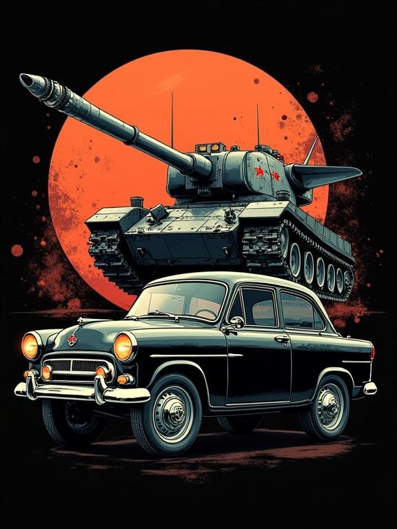 Design a retro-futuristic vector print for a black T-shirt. Combine Soviet-era industrial elements with sci-fi features. Show a Volga GAZ-21 or Chaika car and a T-34 tank. Include glowing orange reactor cores, exposed pistons, Art Deco influences, and distressed robotic elements. Use a black background, metallic silvers, orange/red accents, and muted teal. Create a dynamic composition with both vehicles facing each other. Aim for wearability while maintaining game-inspired visuals.