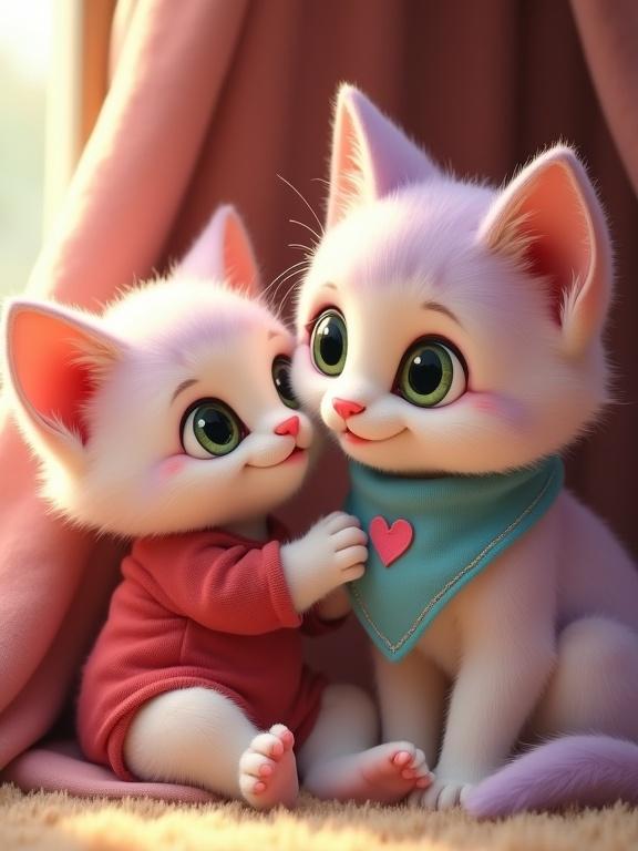 Cozy nook featuring a baby kitten in a red onesie and a mother cat. Baby gazes up affectionately. Mother cat has pastel pink and lavender fur with a light blue bandana. Emphasis on warmth, safety, and family moments. Baby smiles gently.