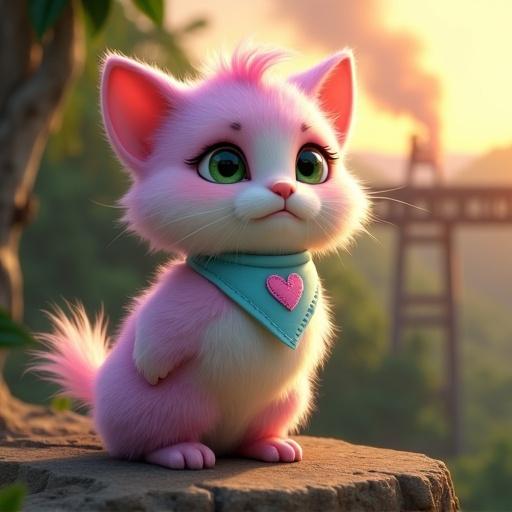 Fluffy anthropomorphic kitten with pastel pink lavender fur creamy white belly large expressive green eyes oversized Pixar style head soft rounded features tiny paws perky ears light blue bandana with stitched pink heart watches from cliff edge smoke rises from destroyed bridge jungle glows with sunrise face shows relief exhaustion