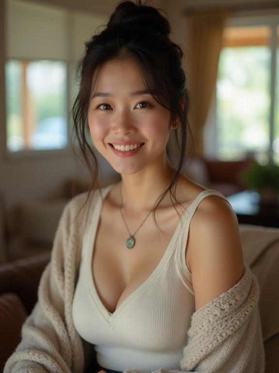 Beautiful Japanese woman in a living room. She is sitting casually. The outfit features a tank top and cardigan. The neckline is deep and accentuates her cleavage. She smiles softly. The setting shows a cozy and bright atmosphere.