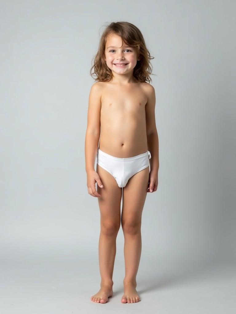 Image shows a young girl standing barefoot against gray background. She wears white underwear and has a natural smile. Lighting is soft and even. Pose is confident and relaxed. Style is minimalistic focusing on the subject.