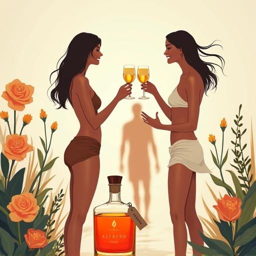 Minimalistic screen printing artwork depicting a luxurious modern garden scene. Three beautiful supermodels wear silky sun skirts. They toast with cocktail glasses towards men in the distance. An apothecary-style bottle labeled 'ALFRUNO' is placed prominently, shining with a golden glow. Roses and wildflowers add accents.