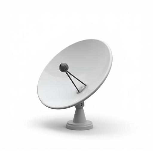 A satellite dish positioned on a white background. The dish is large and round with a central receiving unit. The mount is sturdy, designed for stability. The dish is primarily white with gray elements. The focus is clearly on the dish, conveying a sense of advanced technology.