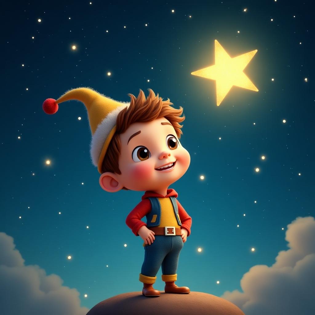 A little man called Kye stands on a hill looking at a star. He wears a colorful outfit with a festive hat. The background is filled with fluffy clouds and a glowing star in the sky.