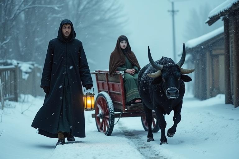 Man in black overcoat beside a black ox pulling a wooden cart. He holds a glowing lantern. His wife and daughter sit wrapped in shawls on the cart. Snow falls in a dead village. Cold atmosphere with blue tones.