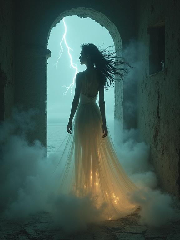 Woman with translucent skin and black hair in a lighthouse. Dress made of fog and light. Distant lightning illuminates her. Digital art in gothic style with baroque drama.