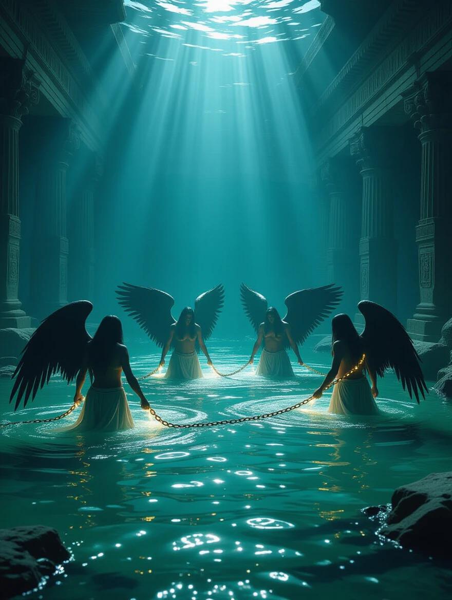 Dramatic scene of four massive fallen angels bound in glowing chains beneath murky depths of Euphrates River. Ancient ruins scattered along riverbed. Ethereal light filtering through water. Faces tormented and powerful. Cinematic lighting and spiritual energy present.