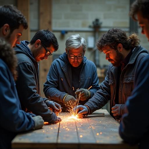 Group of adult students gathered around metal workbench in metalworking workshop. Teacher performs arc welding while students watch. Sparks visible from welding. All wear protective gear including safety glasses gloves aprons. Workshop equipped with tools for metalworking. Bright overhead lighting. Students form semicircle around teacher actively welding. Sharp focus documentary style institutional environment.