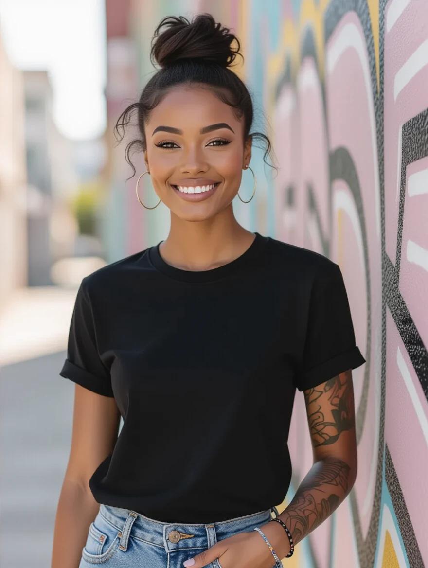 A young stylish African woman with short black hair in a ponytail wearing a plain black T-shirt with no print is standing casually. The background features soft urban daylight. The woman is in a dynamic pose with neutral tones. She has a colorful full tattoo sleeve on one arm and is wearing wrist bracelets. The T-shirt fabric appears smooth and realistic. The image has an empty front area for potential text overlays.