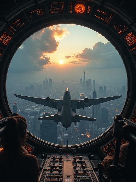 View from the cockpit of an airplane flying towards sunset. City skyline visible below. Dramatic and brutal art style emphasizing extreme perspectives and lighting.