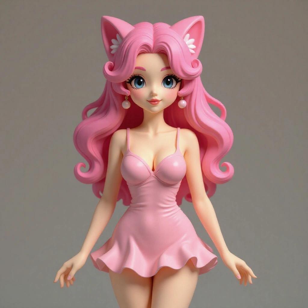 Stylized female figurine of a sensual woman inspired by Jigglypuff. Designed as a 3D resin sculpture for printing. Young and delicate woman body with voluptuous curves. Delicate face with soft expressive eyes. Expression conveys sweetness. Wears a short light dress in pastel pink with tulle details. Dress fits body, showing elegant feminine figure. Long pink wavy hair with high bun and strands over shoulders. Stand on a solid base with musical motifs. Holds a microphone as if singing. Rounded ears in hairstyle with a short tail. Ethereal and sweet with a magical touch for stability.
