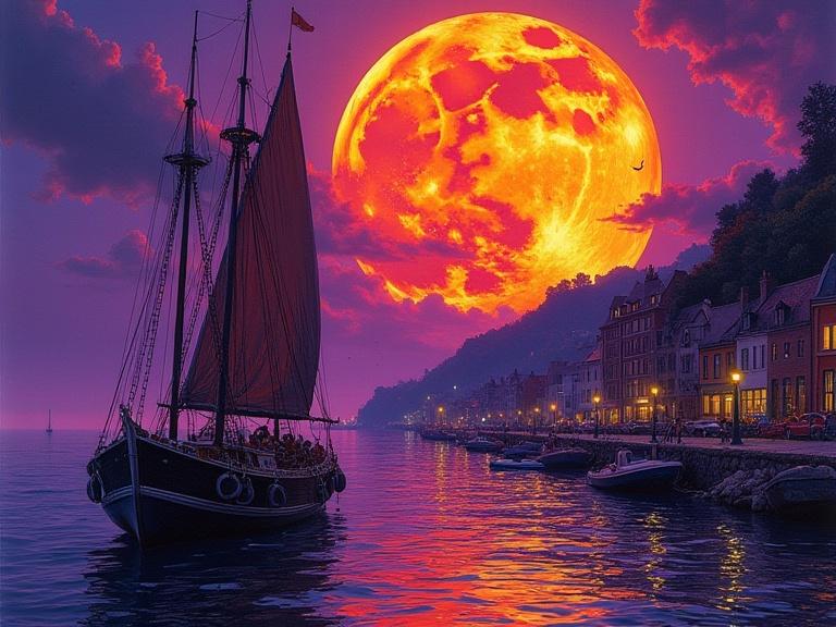 Vaporwave scene featuring a close-up of a purple fishing boat in a harbor. A large orange moon dominates the sky. Fishing town bathed in hues of purple and burnt orange. Intricate details in the art style.