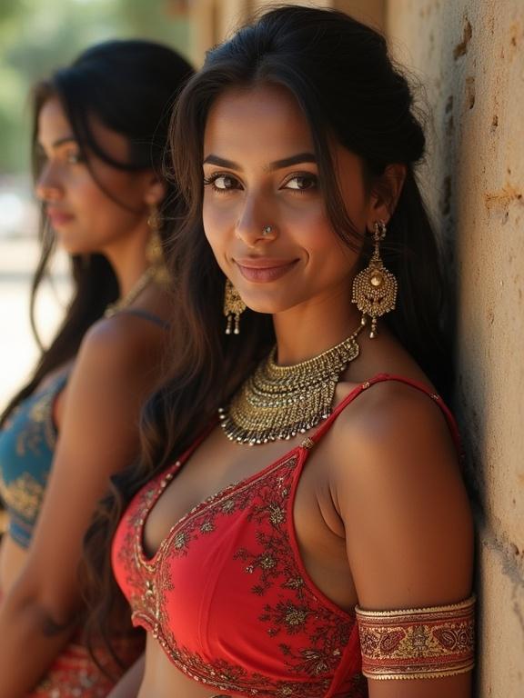 Two women in traditional Indian attire stand against a wall. One woman wears a red embellished blouse and a necklace. The other has a blue blouse. Both have long hair and intricate jewelry.