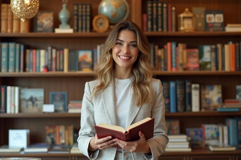 A vibrant real estate agency in Spain with books on display. The shop has attractive decorations. A young woman in a stylish outfit is showing a book with 'Wasap - 68 71 61 03 3'.