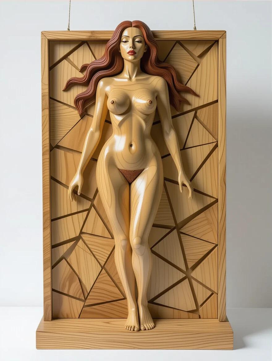 3D original masterpiece sculpture made of wood with detailed depiction of a nude woman standing against a wooden box. Her body is made from wood showcasing natural grain patterns. The sculpture features light wooden pieces suspended from thin wire, creating a dynamic visual display by spinning and shifting with air currents. The overall composition includes elements of abstraction and asymmetry.