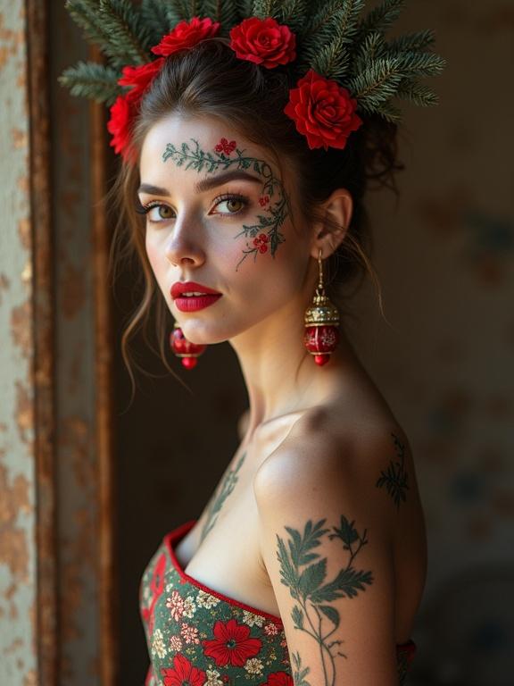 Woman posing with intricate body paint decorated with floral ornaments. Red flowers and accessories on head. Detailed tattoos on arms and upper body. Elegant expression against a rustic backdrop.
