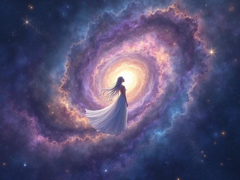Digital painting of a nebula with zodiac cancer symbol. Vibrant colors including purple, blue, and gold. Figure in a white gown floats in the center with silver hair. Glowing astrological symbols and blue planets surround the figure. Ethereal light casts shadows. Evokes cosmic wonder and contemplation.