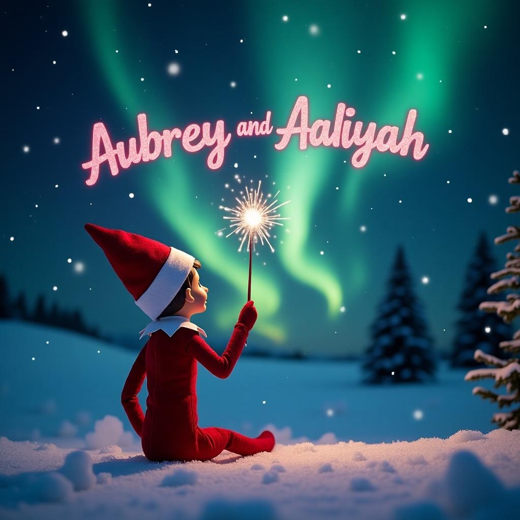 This image showcases an enchanting scene capturing an elf on the shelf positioned with its back to the viewer. It elegantly writes Aubrey and Aaliyah into the sky with a glittery pink font. The elf, dressed in a traditional red outfit, faces upwards towards a stunning dark sky filled with vibrant northern lights. With a magic wand in hand, the snowy ground adds a serene touch to this magical moment. Overall, the atmosphere is filled with wonder and holiday joy, perfectly embodying the essence of Christmas.