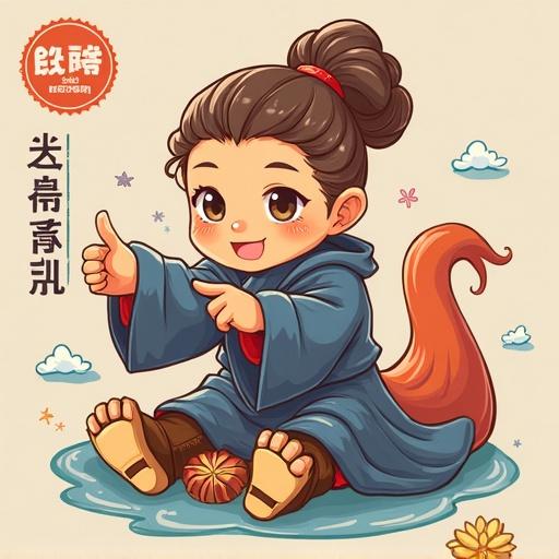 Cute character in a blue outfit with a bun hairstyle holding an orange item. Character making a thumbs up gesture in a playful manner. Features a light background and soft colors.
