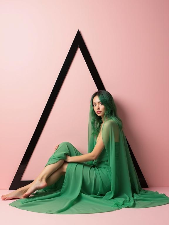 Photograph of a woman seated against a light pink background with black geometric lines. Woman wears green semi-transparent drapery. She exhibits a confident, relaxed pose. The composition features a balance of colors, soft diffused light highlighting her form. A sense of calm and introspection is evoked.