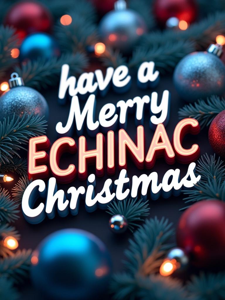 Three-dimensional diagonal text in white has the message 'have a Merry ECHINAC Christmas'. Blue, red, and silver ornaments are placed around the text. Twinkling Christmas lights are visible throughout the scene.