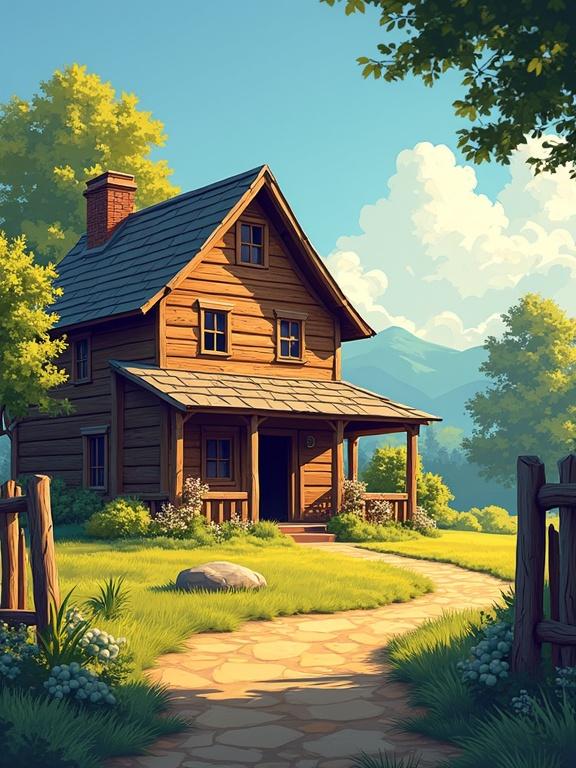 Digital illustration of a countryside scene. Features a wooden farmhouse with detailed design. Earthy tones with blue sky and golden sunlight. Play of light and shadow in natural setting.
