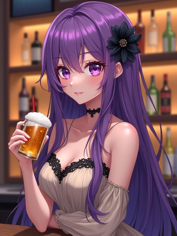 A semi-anime style digital painting of a beautiful woman with long purple hair and purple eyes. She has a black flower in her hair. Wearing an elegant light dress with black lace details. Sitting at a bar counter with a beer and red straw. Background shows warmly lit shelves with bottles.