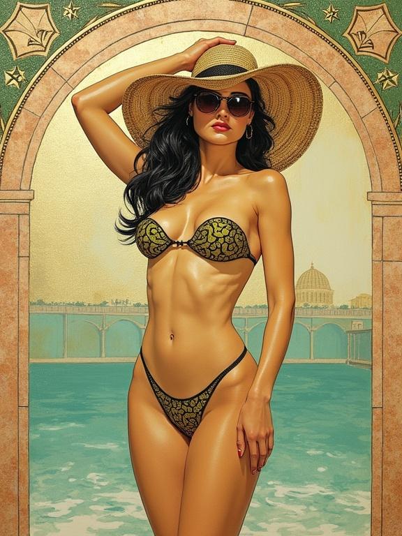 Woman stands elegantly in a thin line bikini. Art deco architecture in the background. Stylized mixed media collage with watercolor and metallic finishes. Contains deep lime and beige colors. Captures a nostalgic and glamorous atmosphere. Glittery and shiny textures enhance the visual appeal. Background features ornate details and a serene water setting.
