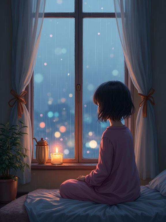 A girl sits comfortably by the window. Rain softly falls outside. A warm candlelight flickers nearby. The room has a cozy atmosphere. The color palette is warm and inviting. The art style is soft anime.