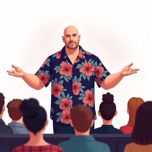 Illustration shows a man speaking in front of an audience. He wears a floral Hawaiian shirt and stands confidently. Audience includes men and women of different backgrounds. The background is transparent. The colors include rich maroons, navy blues and pale greys.
