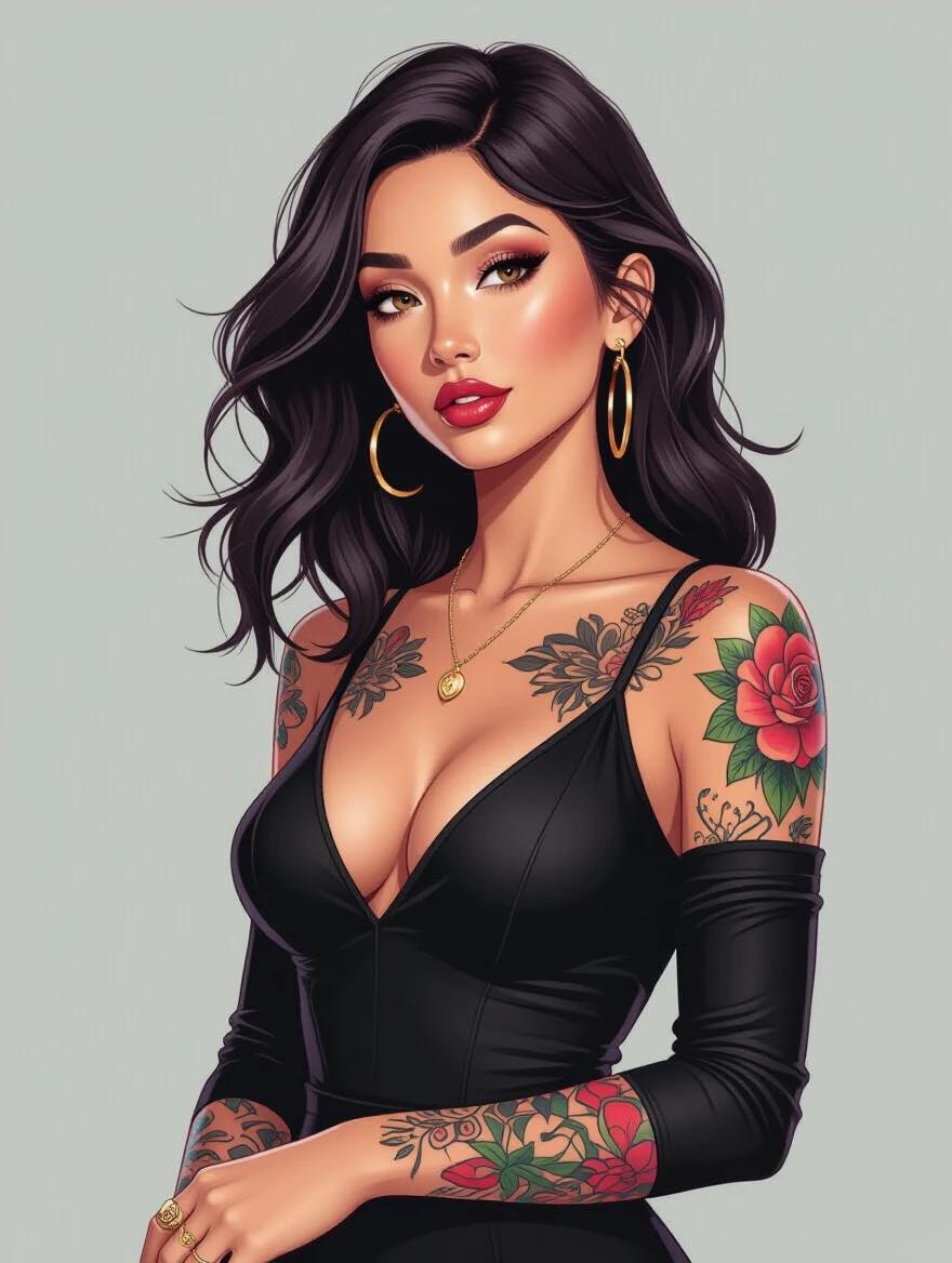 Digital illustration of a stylish woman with tattoos and dark hair. She has long black hair and is wearing a black dress. Tattoos are beautifully illustrated on her arms. The image captures contemporary fashion and body art.