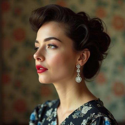 A profile portrait of a young woman with a vintage style. She has a 1950's hairstyle and wears a floral dress. Long diamond earrings adorn her ears. Facial makeup is featured, with red lips and long eyelashes. The background has floral wallpaper.