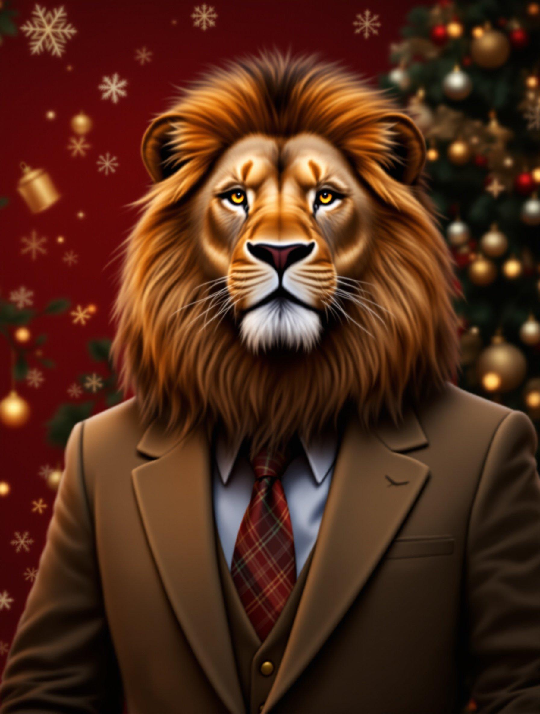 Majestic lion in a business suit in front of a Christmas-themed backdrop. This image features a warm festive atmosphere with holiday ornaments and decorations in the background.