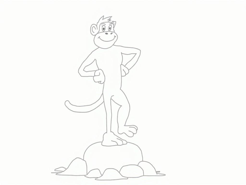 This image features a cartoon monkey standing confidently on a rock. Its outline is simple and uncomplicated, making it easily recognizable. The monkey has a friendly expression, with its hands placed on its hips. The background is plain, emphasizing the character itself. This illustration is ideal for children's media, including books and animations.