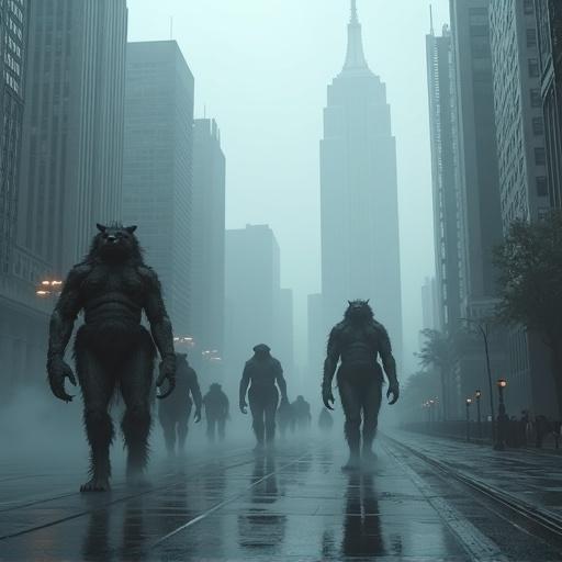 Grotesque towering beings march in unison down a slick paved street. City shrouded in thick fog. Silhouettes of iconic New York-style skyscrapers loom around. Creatures move with unstoppable force, casting deep shadows. Larger giants peer over misty mountains. Scene filled with surreal energy.