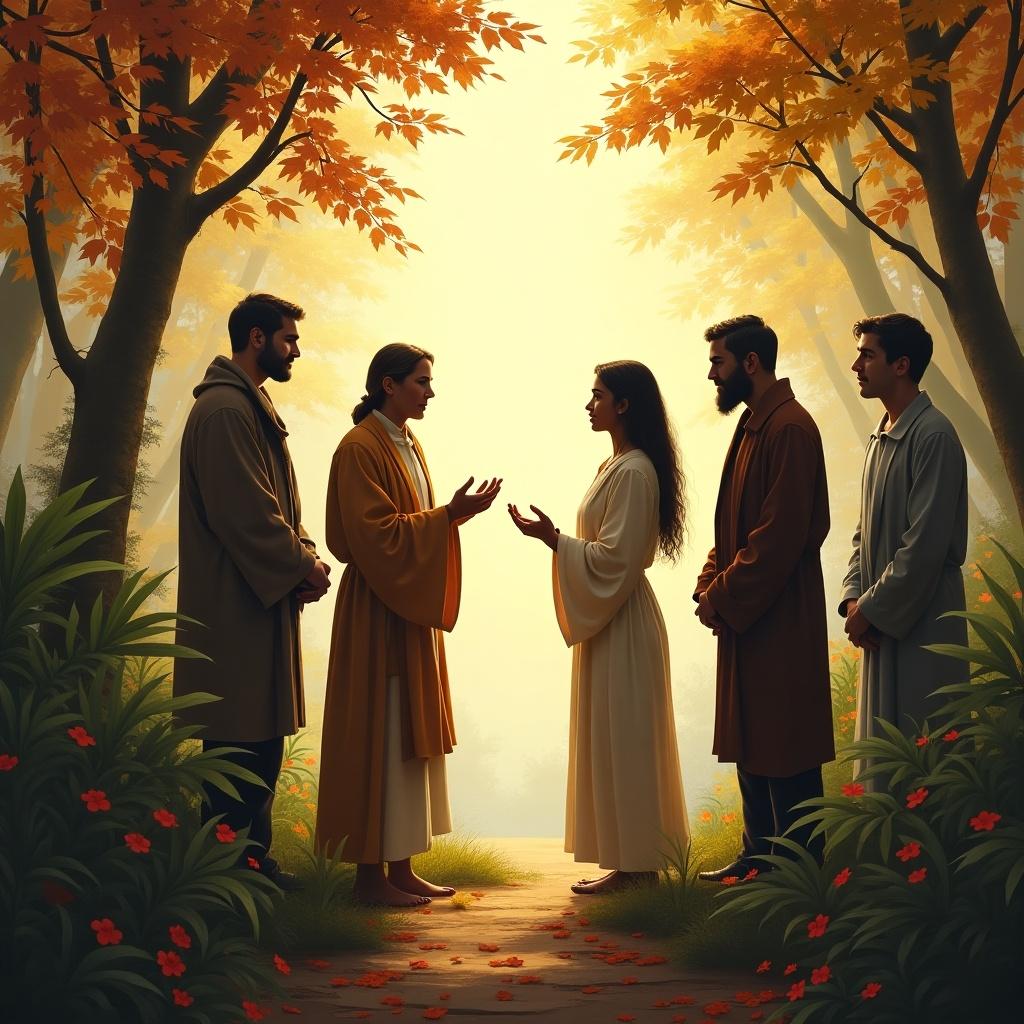 Gathering of individuals in a serene forest during autumn. Figures engage in meaningful conversation surrounded by colorful trees and soft lighting. Atmosphere evokes warmth and connection.