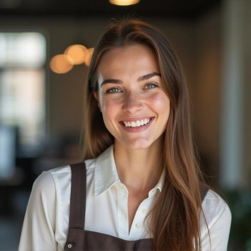 Close-up of female staff member in a creative office setting. She appears cheerful and embodies the spirit of employee branding. The office background suggests a collaborative atmosphere. The image highlights team culture and professionalism.