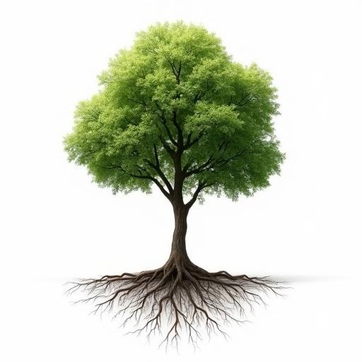 Tree with green leaves and visible roots on a white background. The tree stands upright showcasing its roots.