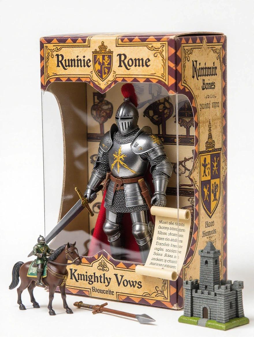 High-quality product photograph of an action figure box set featuring a knight in shining armor in a medieval-themed cardboard box with a clear front window. The figure is detailed and slightly stylized carrying a sword and shield. Included are a miniature horse, a lance, a scroll with knightly vows, and a tiny castle. Studio style with a clean background and professional lighting emphasizing intricate details and premium packaging.