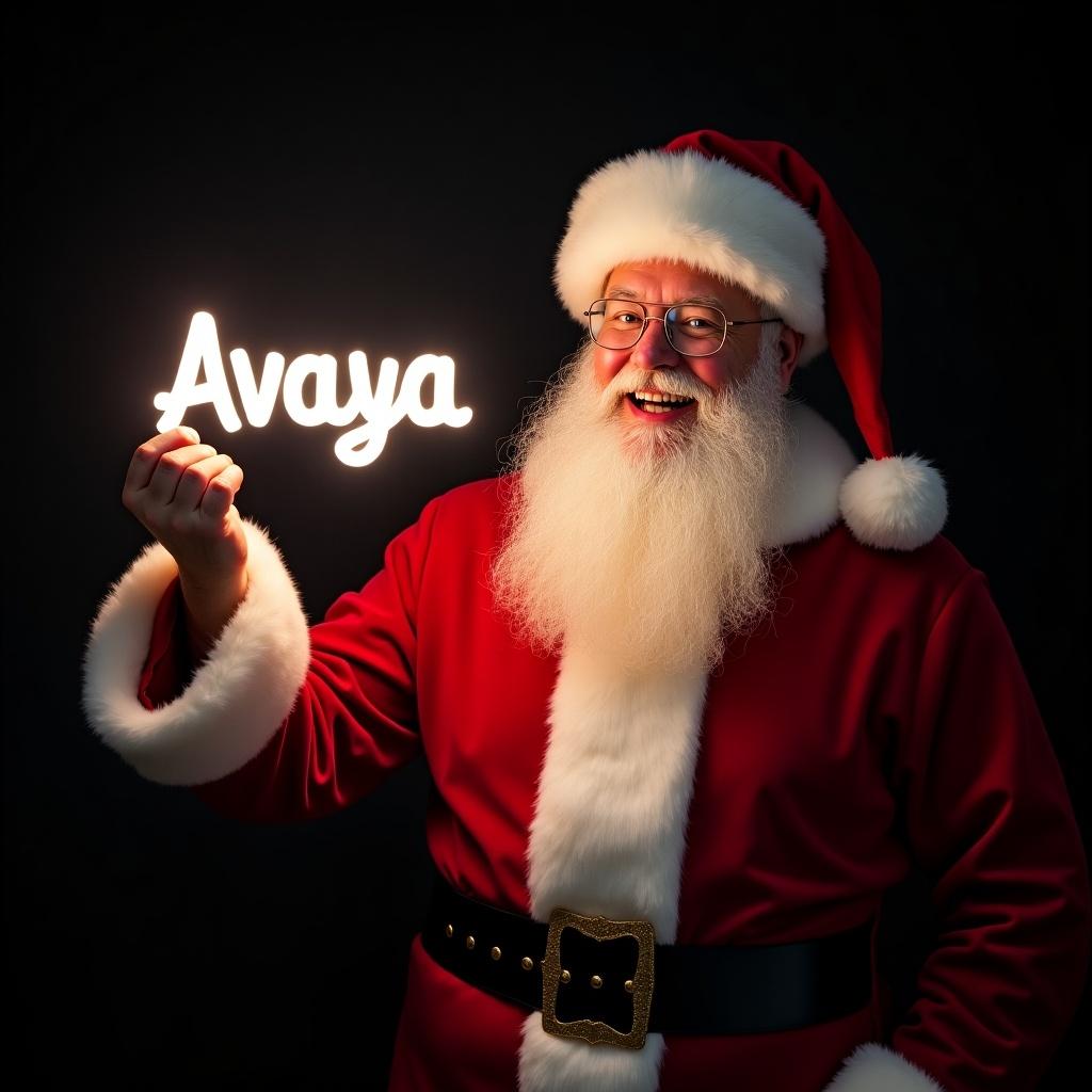 This image showcases Santa Claus in a classic red and white suit. He holds a glowing sign that spells out 'Avaya.' The background is dark, which emphasizes the brightness of the glowing text. Santa's jolly expression brings warmth and cheer, capturing the spirit of the season. This festive depiction highlights the magic of Christmas.