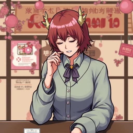 A beautiful girl with a soft expression holds a pencil thoughtfully. She has brown hair and decorative horn-like accessories. The background features pink blossoms and an inviting atmosphere with decorative elements. The setting suggests a cozy café or boutique.