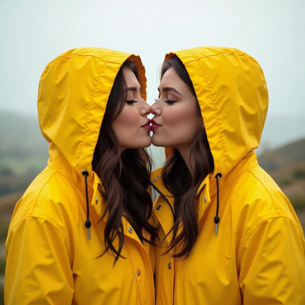 Two young women in yellow raincoats kissing. Soft background with natural scenery. Both women are facing each other.
