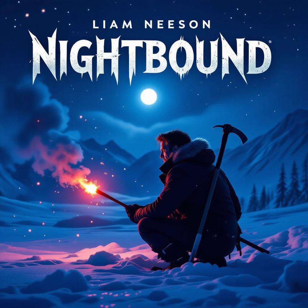 NIGHTBOUND movie poster with Liam Neeson. Plane crash survivors fend off night creatures in the Arctic Circle. Neeson with flare and ice axe in hand. Watching distant eyes in the dark. Red flares illuminate surrounding snow. A blue moon casts shadows from the trees. Composition in 8K resolution.