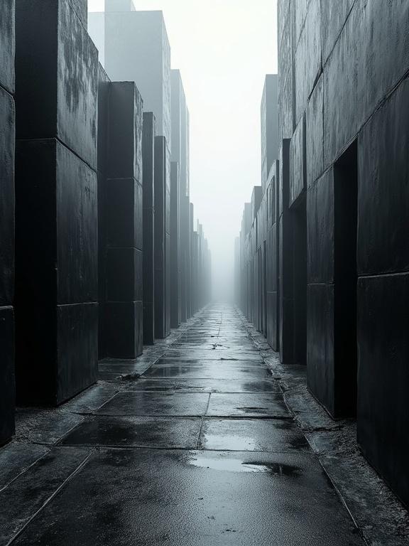 A cubist digital void resembling a dynamic silhouette. Dark walls and road constructed with plastic black film. Scene appears unfinished, unraveling, and incomplete.