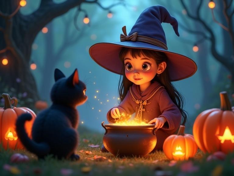 Young witch observing glowing cauldron while a black cat sits nearby. Enchanted forest setting with pumpkins and lanterns. Magical ambiance with fireflies and bright colors in a Disney Pixar 3D style.