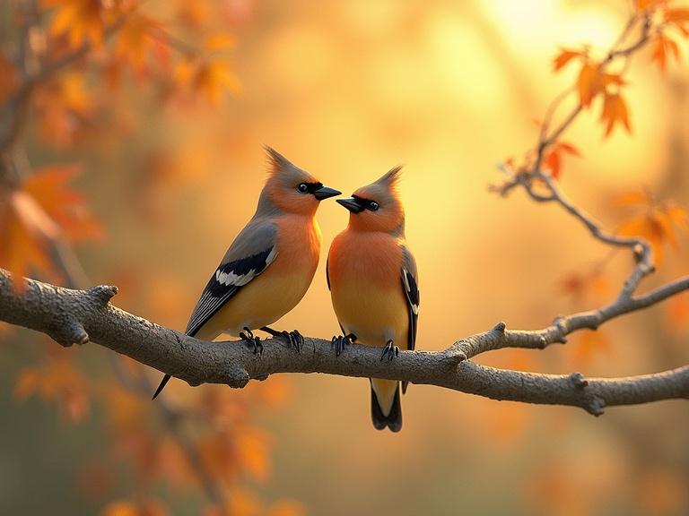 Two Cedar Waxwing fledglings sit close together on a branch of an autumn maple tree. The background is lit with an amber wash, enhancing the warm colors of autumn leaves.