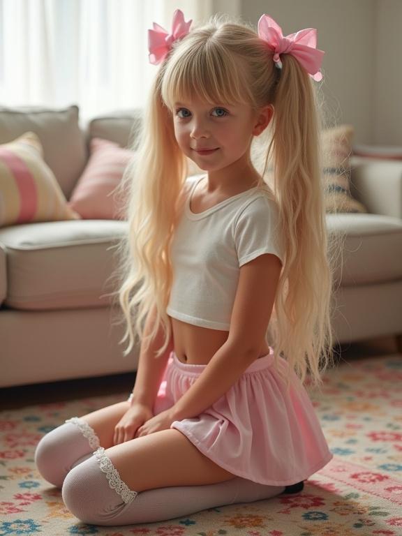 A child with long blonde hair and pink bows kneels on a colorful area rug in a softly lit living room. Wearing a white crop top, pale pink mini-skirt, and lace detailed thigh-high socks, she has a flirty smile. The background features a cozy couch and decorative pillows.