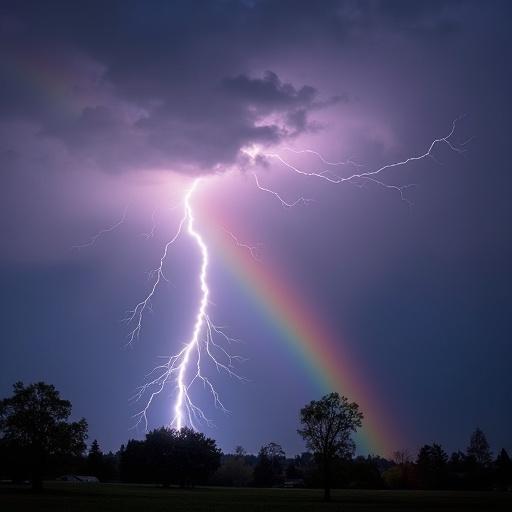 Dramatic scene of lightning striking a rainbow in the sky with dark clouds